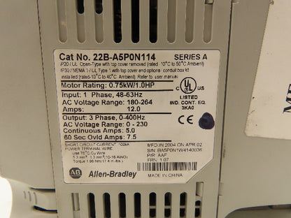 Allen Bradley 22B-A5P0N114 PowerFlex 40 AC Drive Variable VFD 1Hp 230V 1PH Input