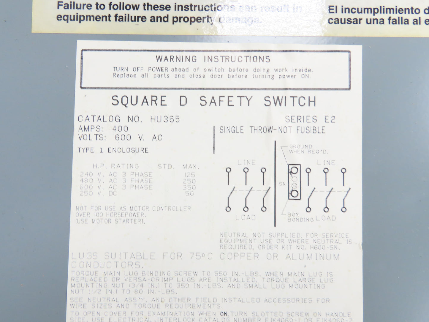 Square D HU365 Safety Disconnect Switch 400A 600V 3 Pole Non Fused Series E2