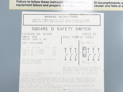 Square D HU365 Safety Disconnect Switch 400A 600V 3 Pole Non Fused Series E2