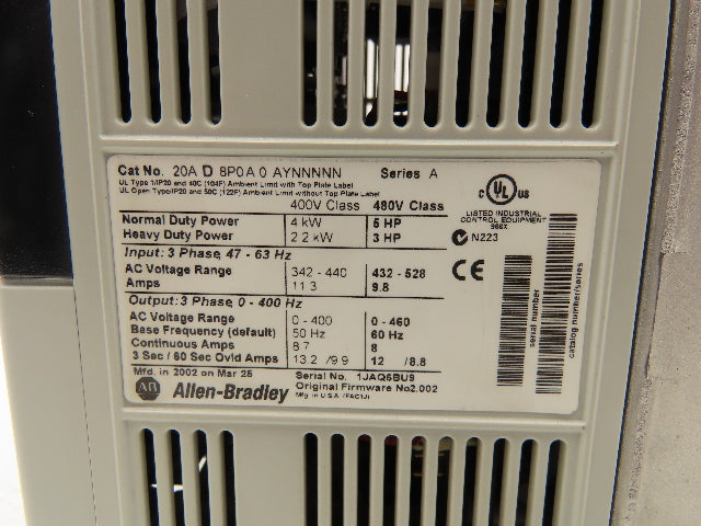 Allen Bradley 20AD8P0A0AYNNNNN PowerFlex 70 Variable AC Drive VFD 5Hp 480V 3PH