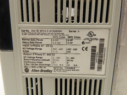 Allen Bradley 20AD8P0A0AYNNNNN PowerFlex 70 Variable AC Drive VFD 5Hp 480V 3PH