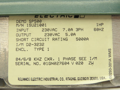 Reliance Electric SP500 VS Variable Speed AC Drive 1HP 7A 230V 3PH 1SU21001