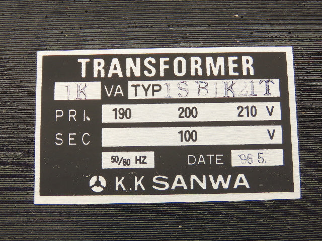 K.K Sanwa TYP1SB1K21T Industrial Transformer PRI 200-210V SEC 100V