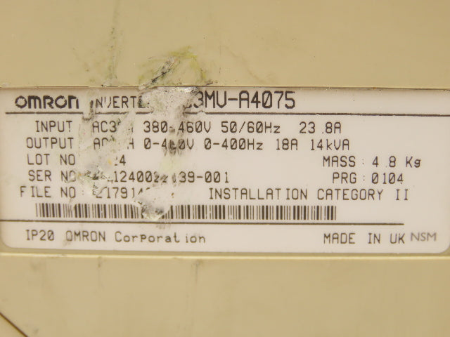 Omron 3G3MV-A4075 VFD Inverter AC Drive 7.5kW 10Hp 460V 3PH