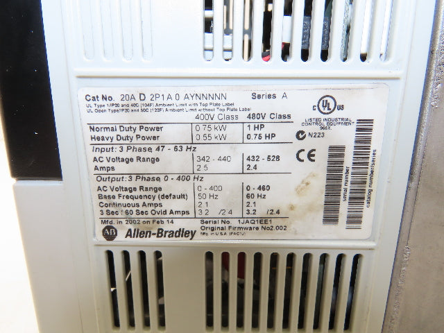 Allen Bradley 20AD2P1A0AYNNNNN PowerFlex 70 AC Drive VFD 1Hp .75kw 480V 3PH