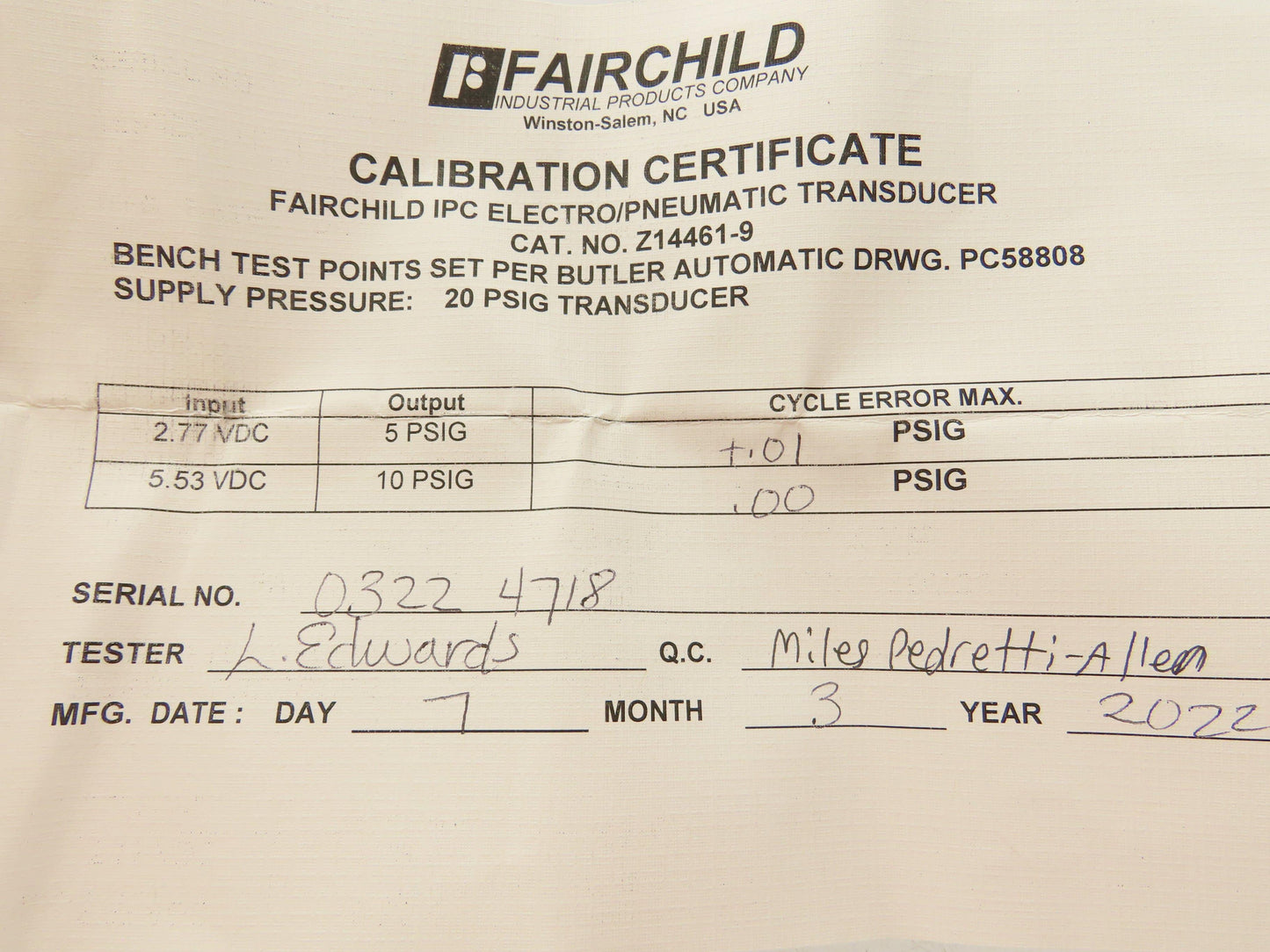 Fairchild Z14461-9 Electro Pneumatic Pressure Transducer 1-9VDC 3-15PSIG