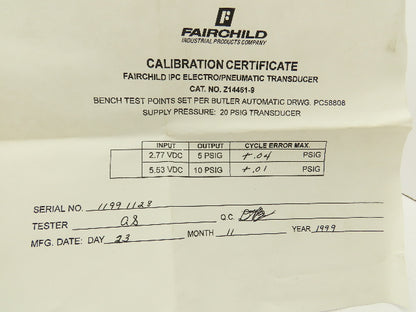 Fairchild T5200-90 Electro Pneumatic Pressure Transducer 1-9VDC 3-15PSIG