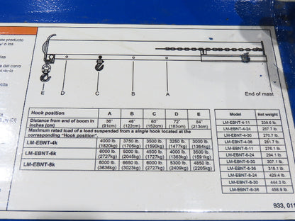 Vestil LM-EBNT-4-11 Lift Master Carriage Mount Forklift Truck Boom 4000 Lb