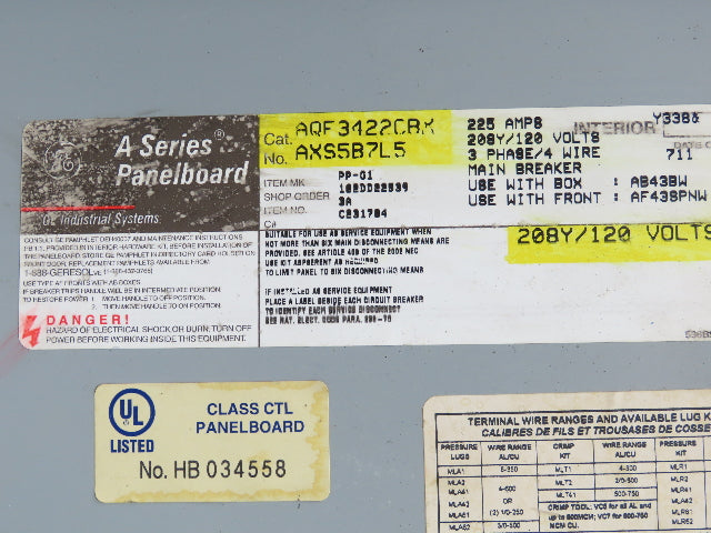 GE AQF3422CBK Panelboard 42 Space 225A 3Ph 4 Wire 208Y/120V 225A Main Breaker