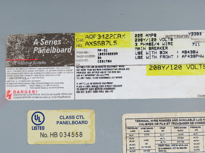 GE AQF3422CBK Panelboard 42 Space 225A 3Ph 4 Wire 208Y/120V 225A Main Breaker