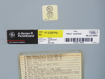 GE AQF3422CBK Panelboard 42 Space 225A 3Ph 4 Wire 208Y/120V 225A Main Breaker