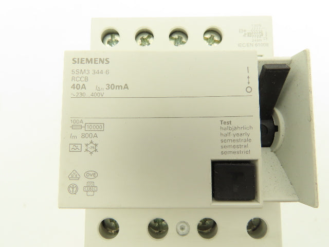 Siemens 5SM3344-6 Circuit Breaker 4 Pole 40 Amp RCCB 400V