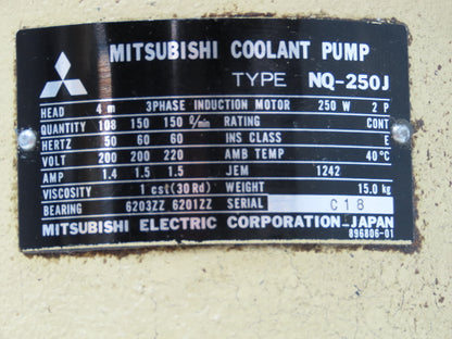 Mitsubishi NQ-250J Vertical Immersion Coolant Pump 39gpm 250W 220V 3PH 3/4"npt
