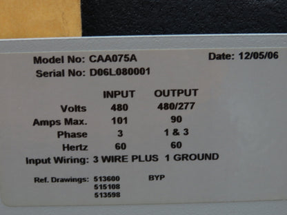 Emerson CAA075A Liebert Datawave Magnetic Synthesizer 75kva HV 480 LV 480Y/277