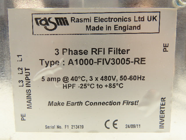 Rasmi A1000-FIV3005-RE RFI Power Line Filter 3PH 5A 480V