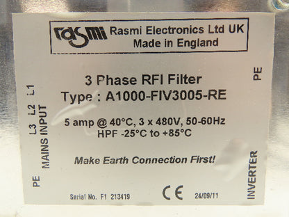 Rasmi A1000-FIV3005-RE RFI Power Line Filter 3PH 5A 480V