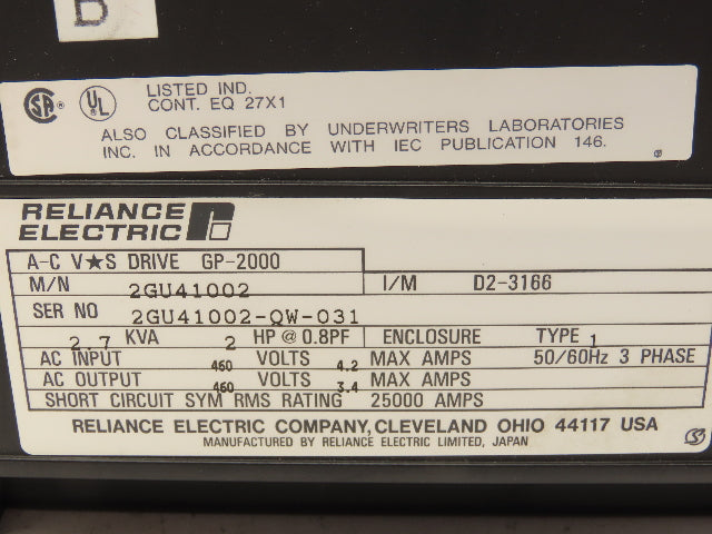 Reliance Electric 2GU41002 GP-2000 AC VS Drive 2HP 460V 3PH 2.7KVA