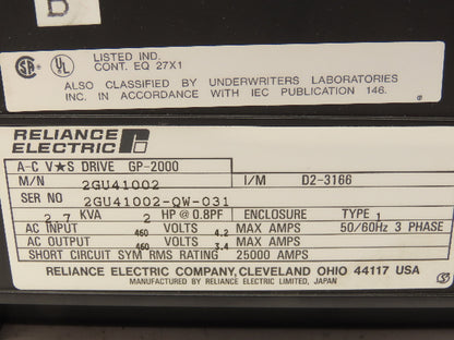 Reliance Electric 2GU41002 GP-2000 AC VS Drive 2HP 460V 3PH 2.7KVA