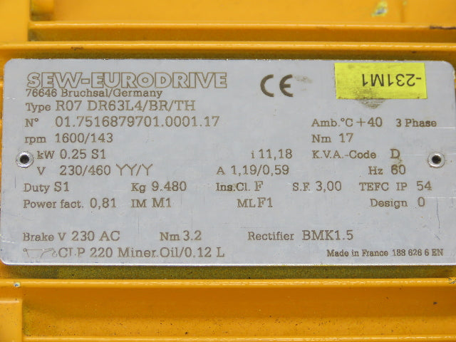 SEW Eurodrive R07 DR63L4 Brake Gearmotor .25kw 230/460V 3PH 11:1 Reducer 143rpm