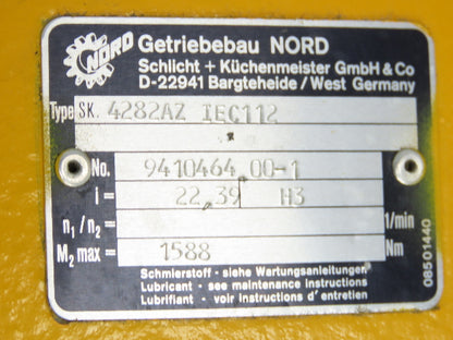 Nord SK 4282 AZ IEC 112 Screw Conveyor Gear Drive 22.3:1 Reducer Dual Shaft