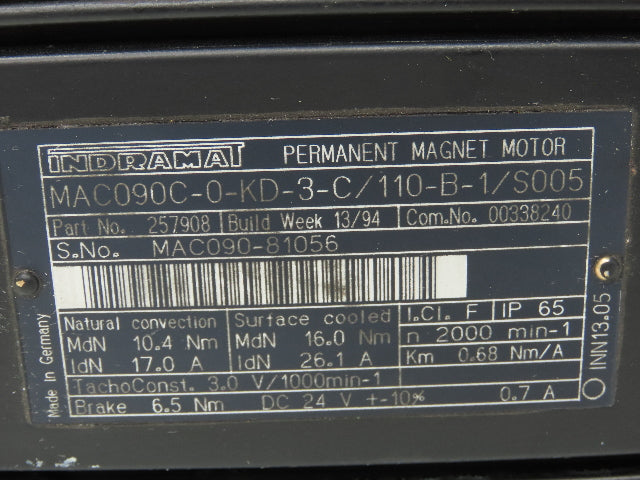 Indramat MAC09C-0-KD-3-C/110-B-1/S005 Servo Motor with Encoder RU-1000-105/L2