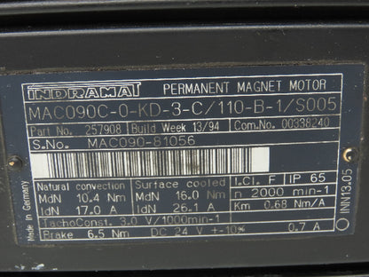 Indramat MAC09C-0-KD-3-C/110-B-1/S005 Servo Motor with Encoder RU-1000-105/L2