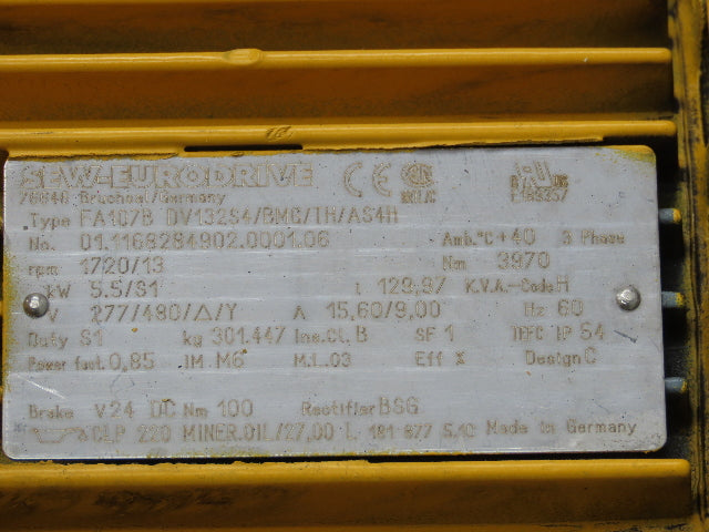 SEW Eurodrive FA107B DV132S4/BMG/TH/AS4H Brake Motor 5.5kw 1720rpm 277/480V 3PH