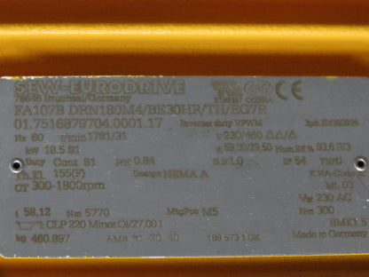 Sew Eurodrive FA107B DRN180M4 Helical Gearmotor 230/460V 3PH 58:1 Parallel Shaft