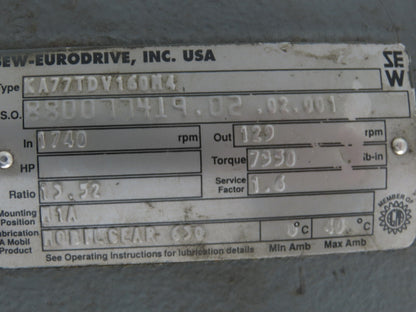 Sew Eurodrive KA77TDV160M4 Gearmotor 15Hp 230/460 3PH 129rpm 13.5:1 Hollow Shaft