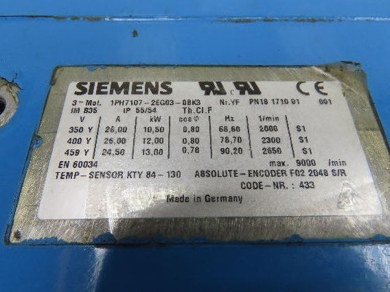 Siemens 1PH7107-2EG03-0BK3 AC Servo Motor 10-13kw 3PH  Encoder F02 2048 S/R