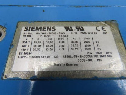 Siemens 1PH7107-2EG03-0BK3 AC Servo Motor 10-13kw 3PH  Encoder F02 2048 S/R