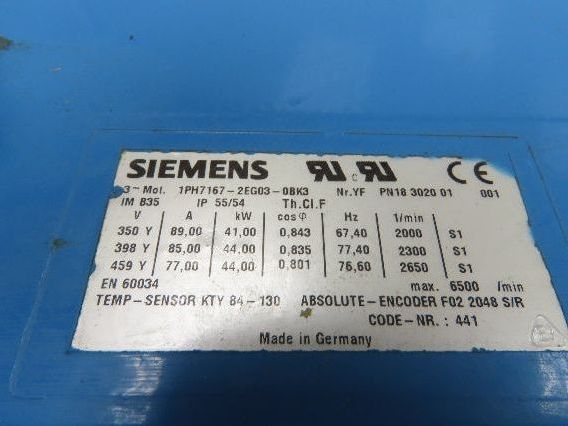 Siemens 1PH7167-2EG03-0BK3 AC Servo Motor 44kw 3PH Encoder F02 2048 S/R
