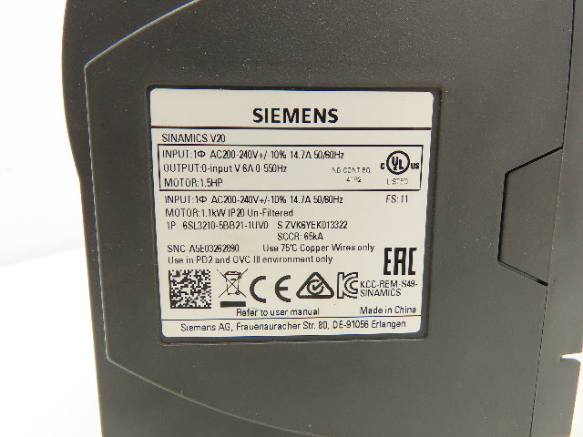 Siemens 6SL3210-5BB21-1UV0 Sinamics Variable Frequency Drive VFD 1.5Hp 240V 1Ph