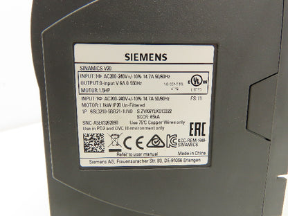 Siemens 6SL3210-5BB21-1UV0 Sinamics Variable Frequency Drive VFD 1.5Hp 240V 1Ph