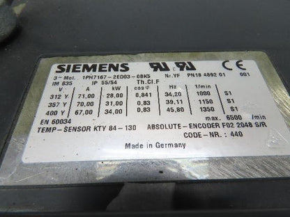 Siemens 1PH7167-2ED03-0BK5 AC Servo Motor 28-34kw 3PH Encoder F02 2048 S/R