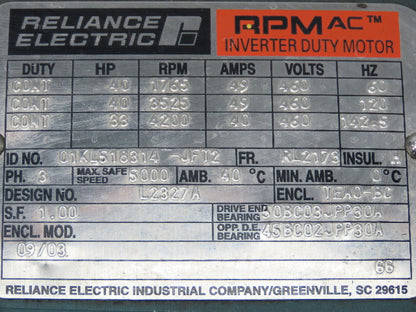 Reliance RPM AC Motor 40Hp Variable 1765-4200 RPM 460V 3PH RL2173  -Bad Bearing