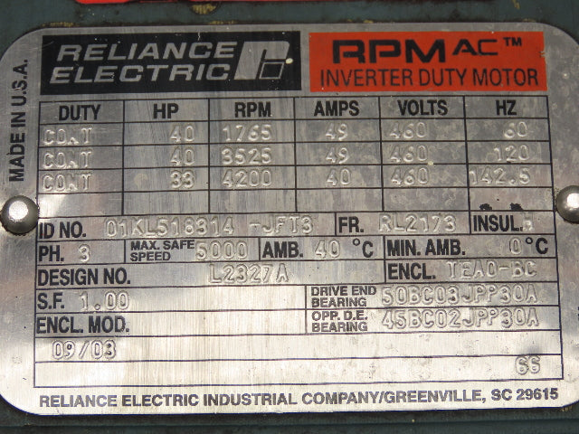 Reliance RPM AC Motor 40Hp Variable Speed 1765-4200 RPM 460V 3PH RL2173 Frame