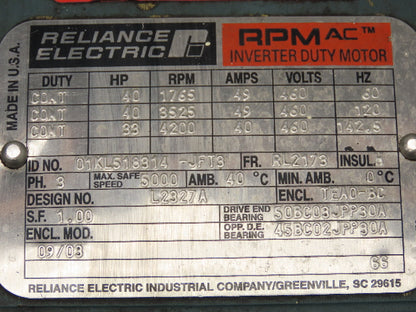 Reliance RPM AC Motor 40Hp Variable Speed 1765-4200 RPM 460V 3PH RL2173 Frame