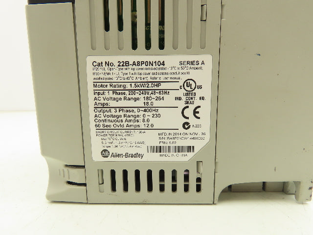 Allen Bradley 22B-A8P0N104 PowerFlex 40 Variable AC Drive VFD 2Hp 240V 1PH Input