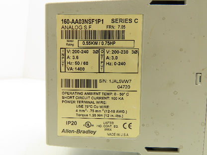 Allen Bradley 160-AA03NSF1 Variable Speed AC Drive VFD .75HP 240V 1PH Input