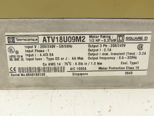 Square D Telemecanique ATV18U09M2 ALTIVAR 18 Variable AC Drive VFD .5Hp 240V 1PH