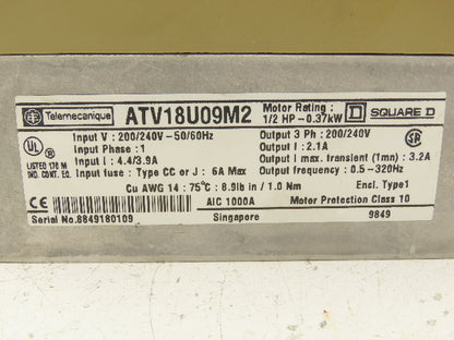 Square D Telemecanique ATV18U09M2 ALTIVAR 18 Variable AC Drive VFD .5Hp 240V 1PH