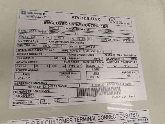 Square D ATV212 Schneider S-Flex Fan & Pump Drive Controller 30 Hp VFD 460V 40A