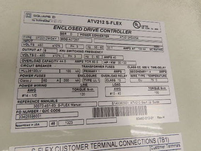 Square D ATV212 Schneider S-Flex Fan & Pump Drive Controller 30 Hp VFD 460V 40A