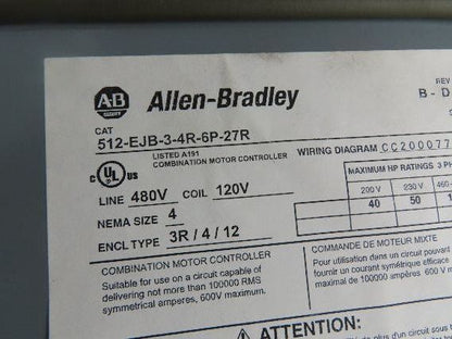 Allen Bradley 512-EJB-3-4R-6P-27R Combination Motor Starter Size 4  100Hp 480V
