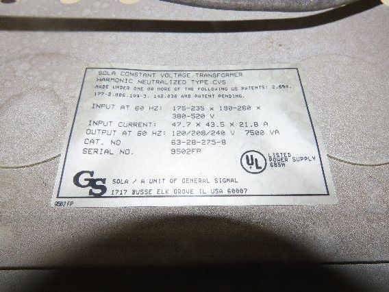 Sola 63-28-275-8 Constant Current Power Transformer 7.5kw 7500VA Single Phase