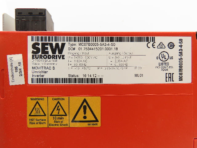 Sew Eurodrive MC07B0005-5A3-4-S0 Movitrac B Inverter Drive .75Hp .55kW 500V 3PH