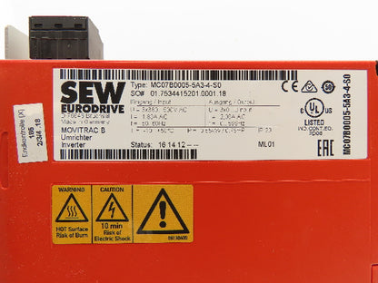 Sew Eurodrive MC07B0005-5A3-4-S0 Movitrac B Inverter Drive .75Hp .55kW 500V 3PH
