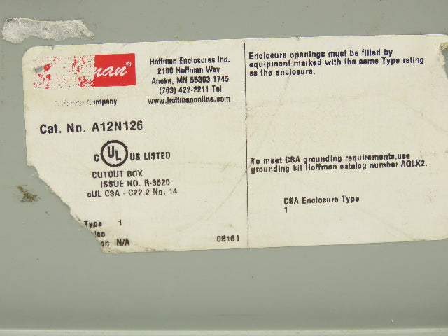 Hoffman A12N126 Electrical Enclosure Panel Box 12x12x6" NEMA Type 1