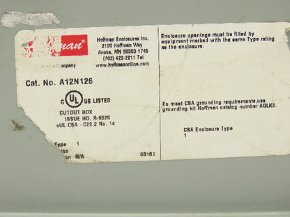 Hoffman A12N126 Electrical Enclosure Panel Box 12x12x6" NEMA Type 1